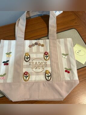 Upcycled Trader Joe's Tan Striped Embroidered Canvas Tote Bag